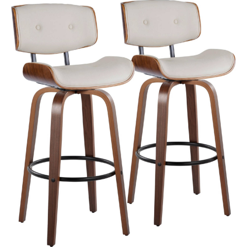 Lombardi 30" Swivel Bar Stool in Walnut Wood & Cream Leatherette with Black Footrest (Set of 2)